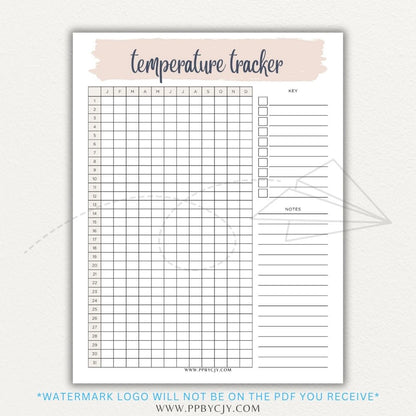 Weather Temperature Tracker Printable PDF Template for recording daily high and low temperatures.