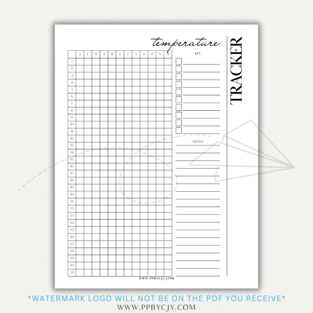 Weather Temperature Tracker Printable PDF Template for recording daily high and low temperatures.