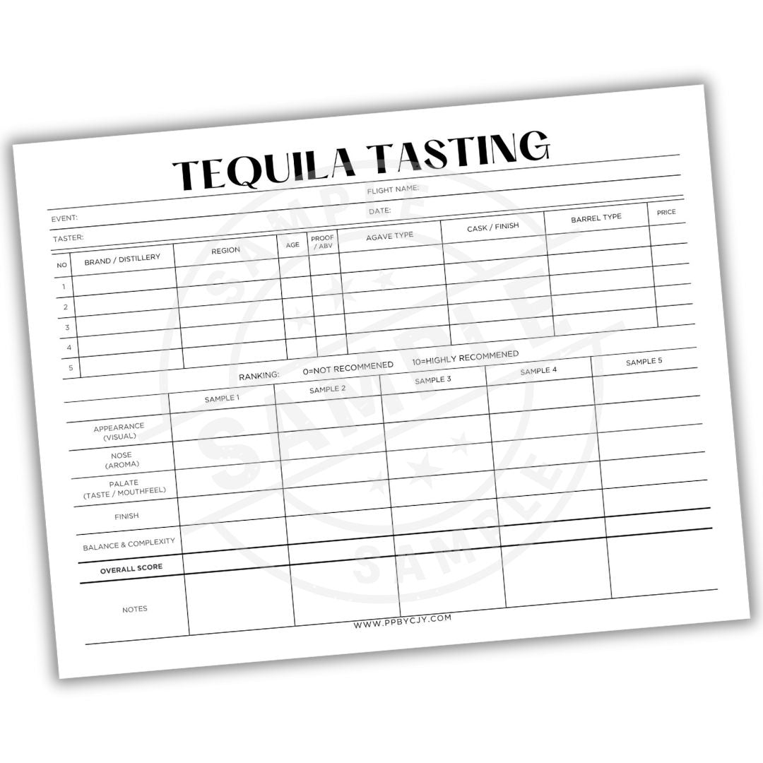 Tequila tasting sheet with a white background