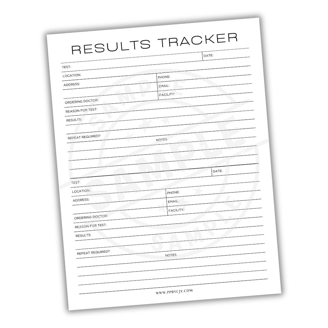 Results Tracker sheet with columns for text input on a white background
