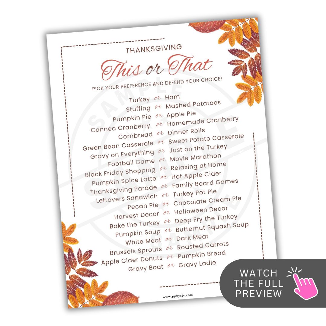 Thanksgiving 'This or That' questionnaire with fall-themed design on a white background