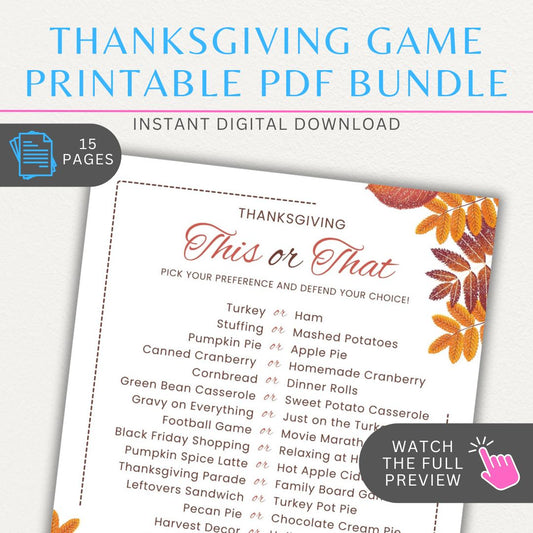 Thanksgiving Game Printable 15-Page PDF Bundle with trivia, bingo, and word searches.