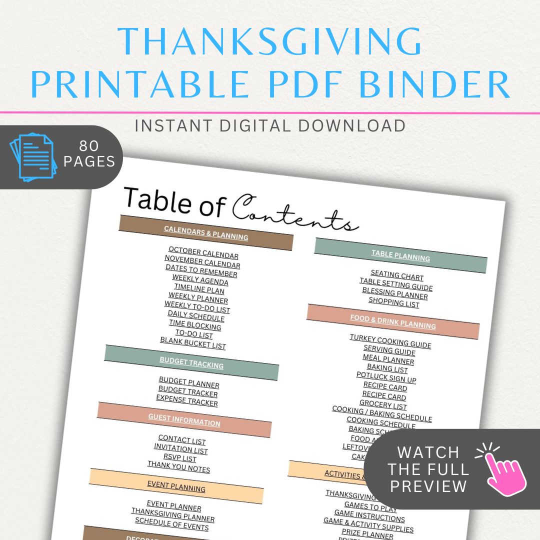 Thanksgiving Printable PDF Binder with 80 pages, including meal planners, shopping lists, guest trackers, recipe organizers, and decoration ideas