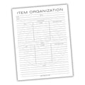 Sheet of paper titled 'Item Organization' with columns for item details on a white background.