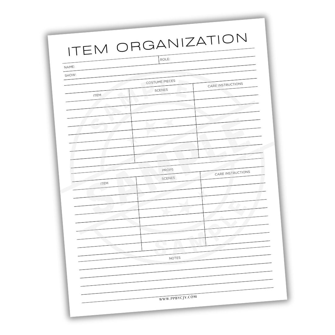 Sheet of paper titled 'Item Organization' with columns for item details on a white background.