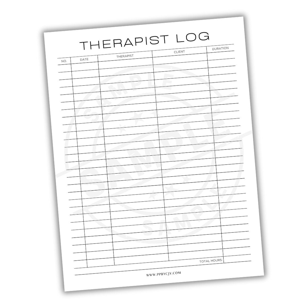 Therapist log sheet with columns for date, therapist, client, and duration on a white background.