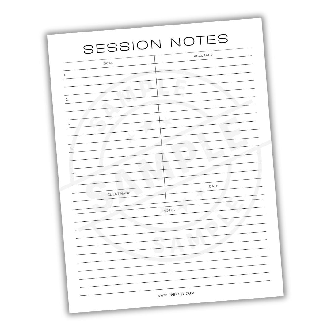 Session notes sheet with columns for goal, accuracy, client name, date, and notes on a white background.