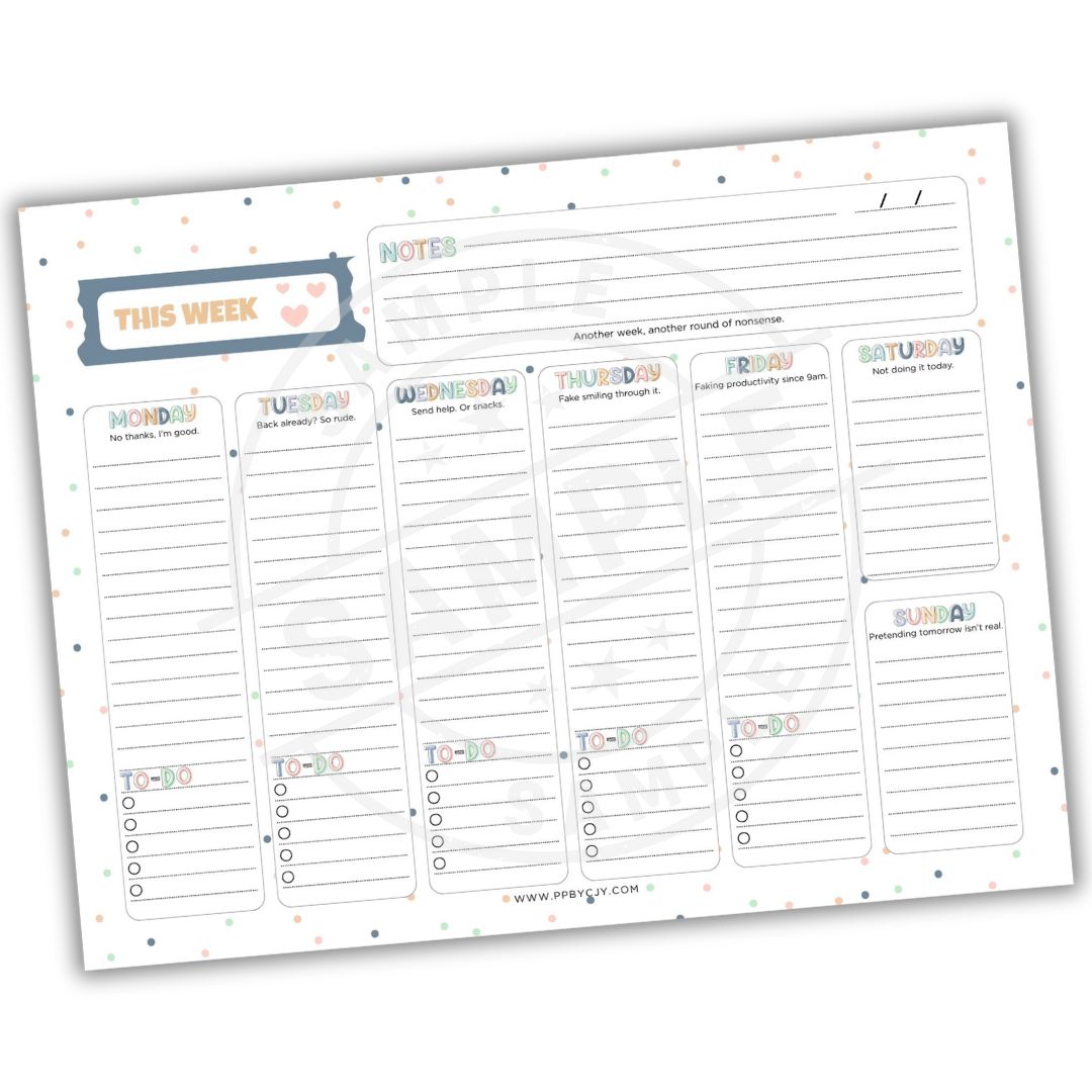 Weekly planner pad with days of the week and checkboxes on a white background