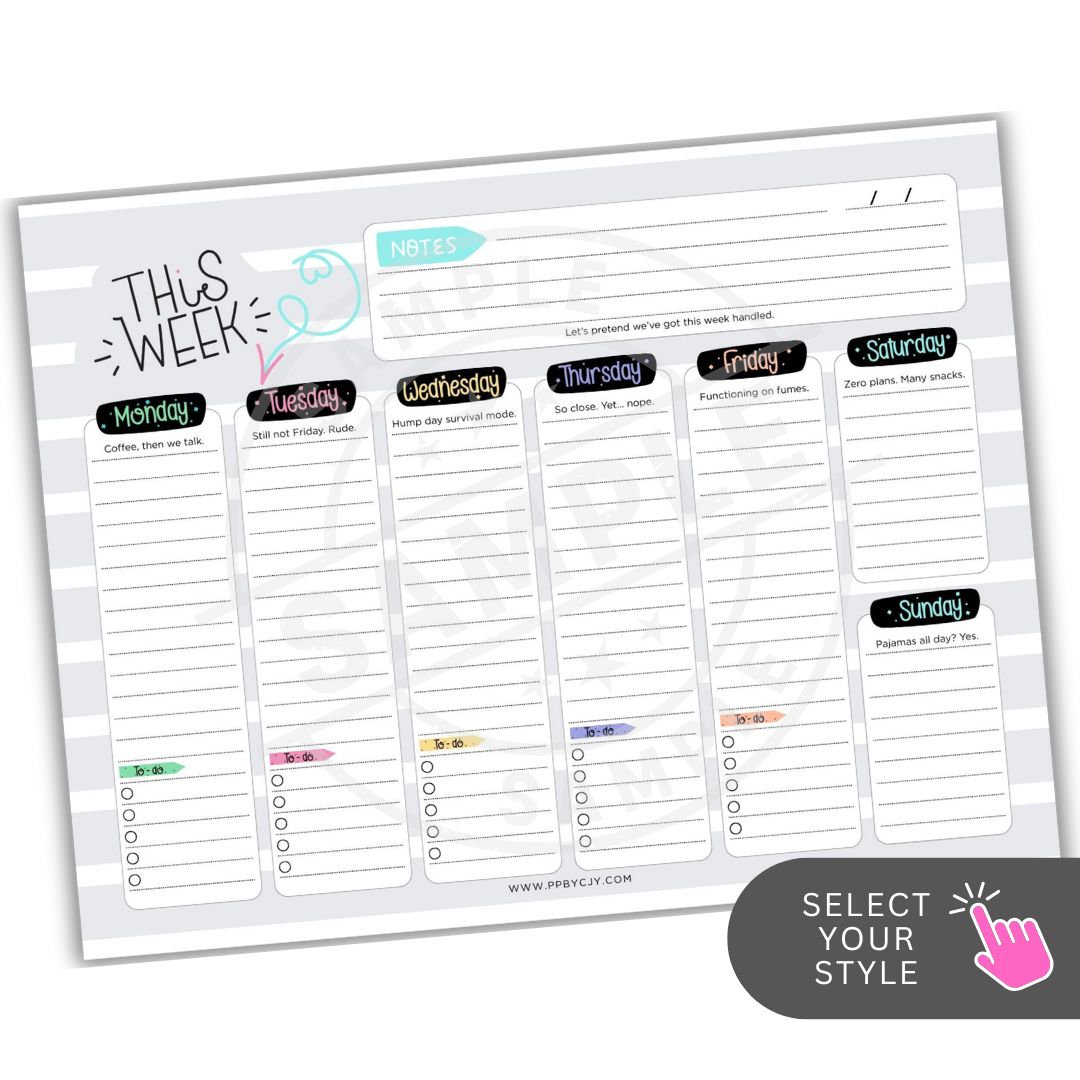 Weekly planner sheet with days of the week and checkboxes on a white background