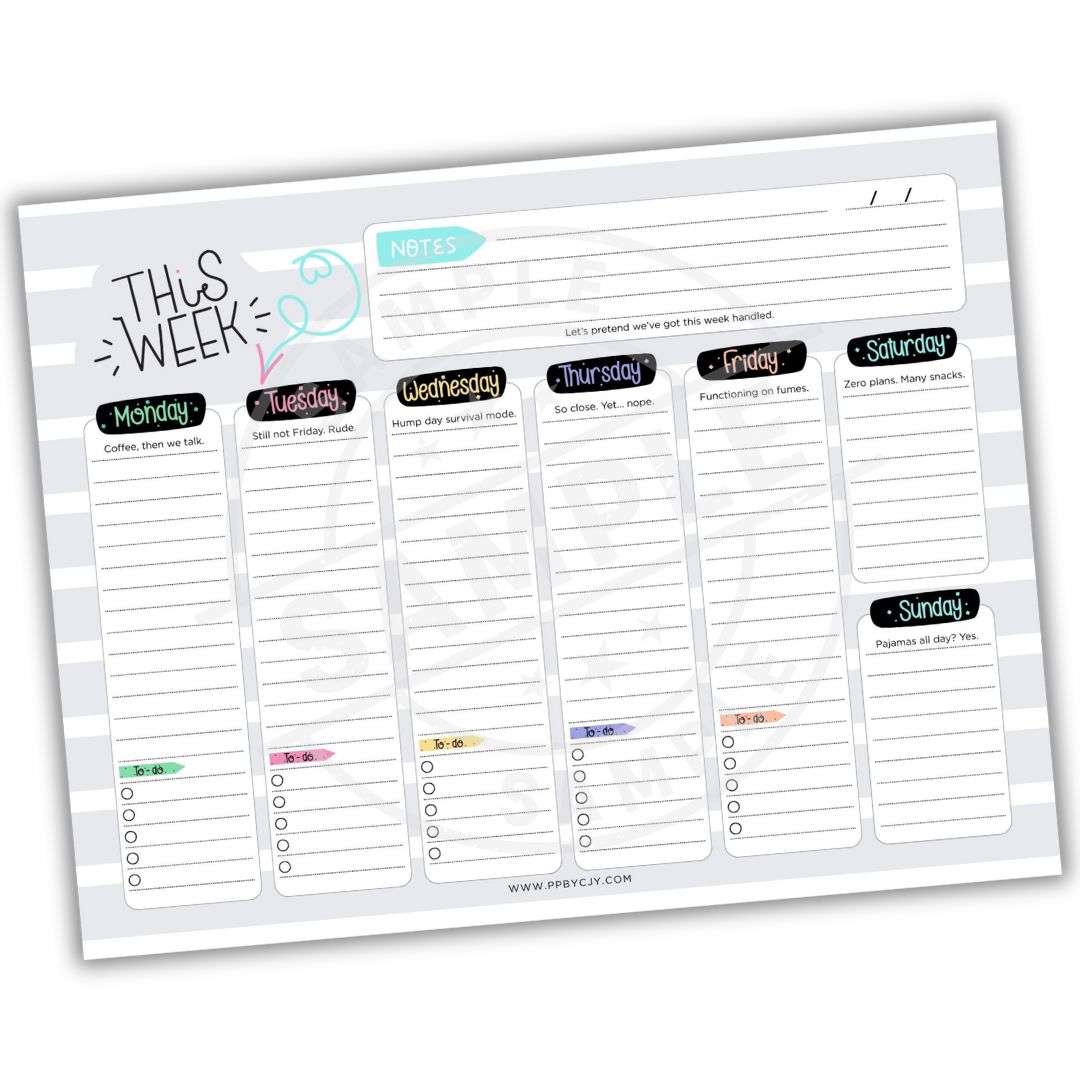 Weekly planner sheet with days of the week and checkboxes on a white background