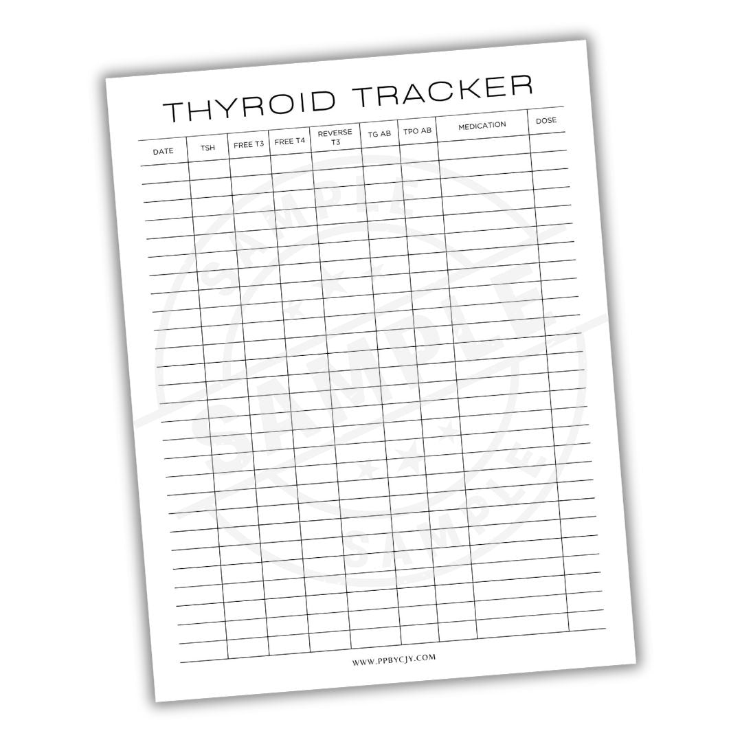 Thyroid tracker sheet with columns for date, TSH, Free T4, Reverse T3, Reverse T4, TRH, Medication, and Dose on a white background.