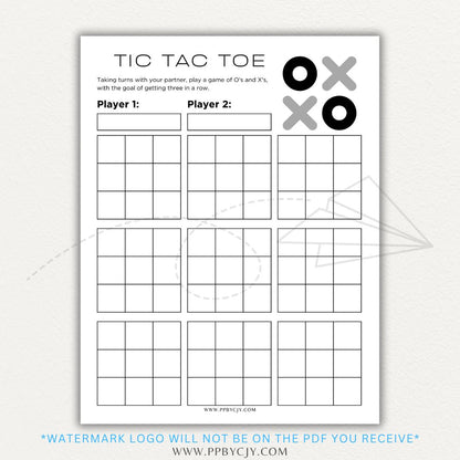 Tic Tac Toe Game Printable PDF Template for kids and adults, featuring a fun and reusable game board.

