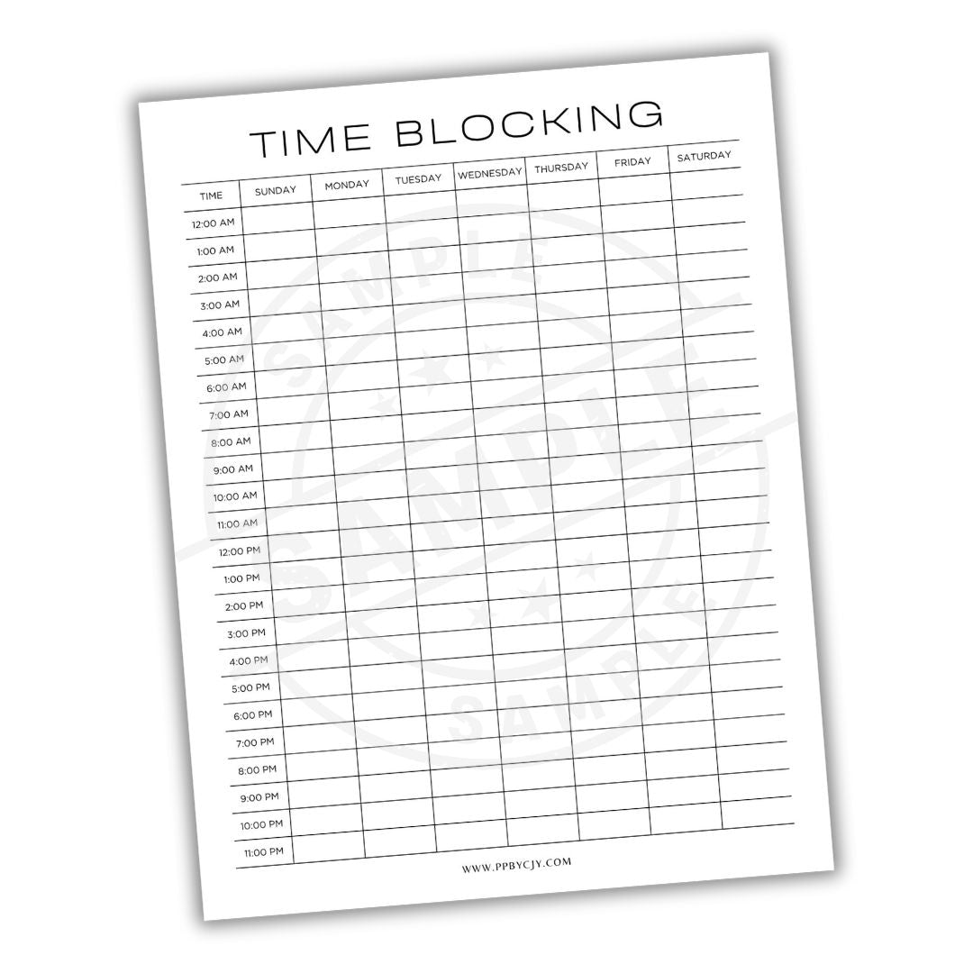 Time blocking schedule sheet with hourly time slots on a white background