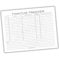 Tinnitus tracker sheet with columns for date, symptoms, suspected trigger, severity, relief measures, and notes.