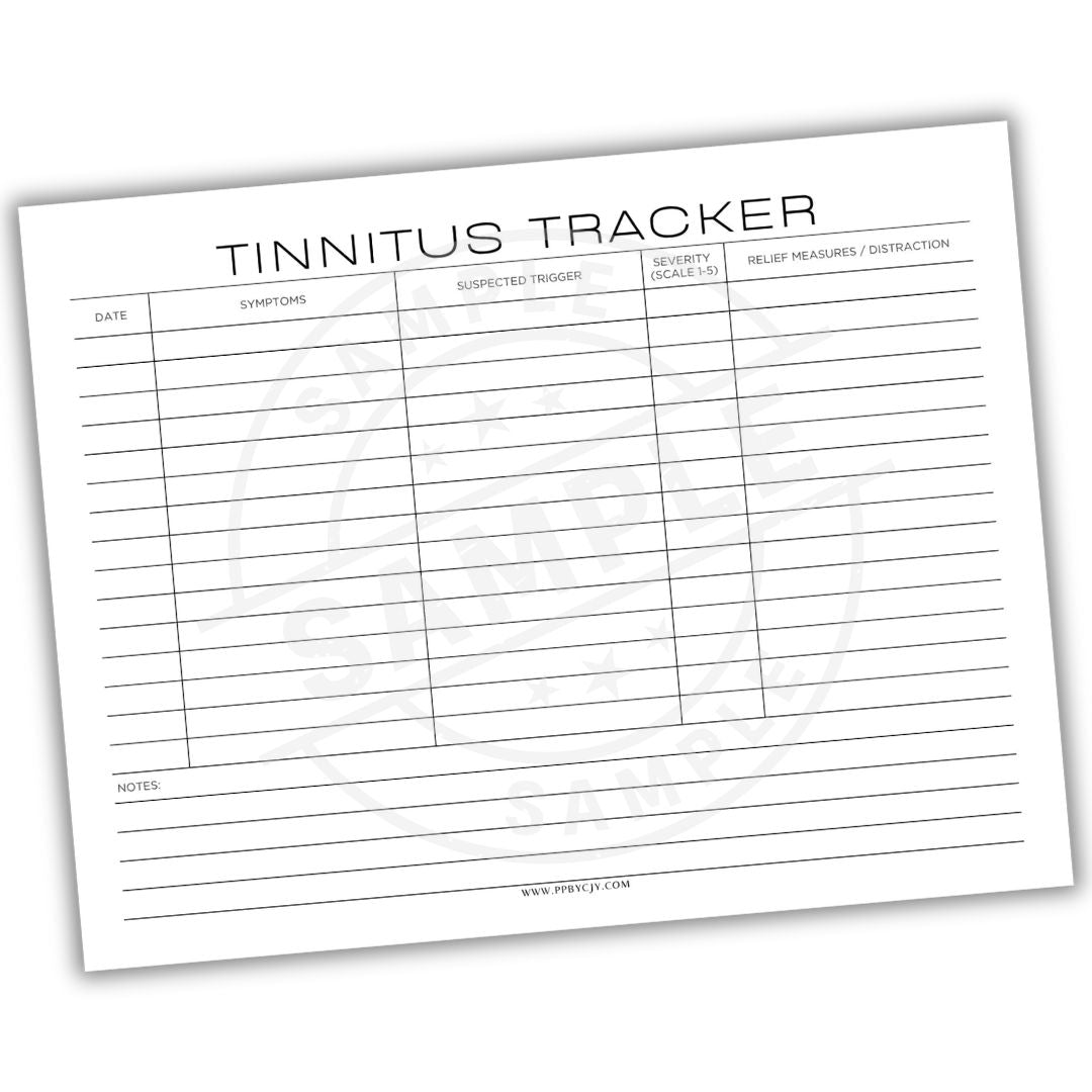 Tinnitus tracker sheet with columns for date, symptoms, suspected trigger, severity, relief measures, and notes.