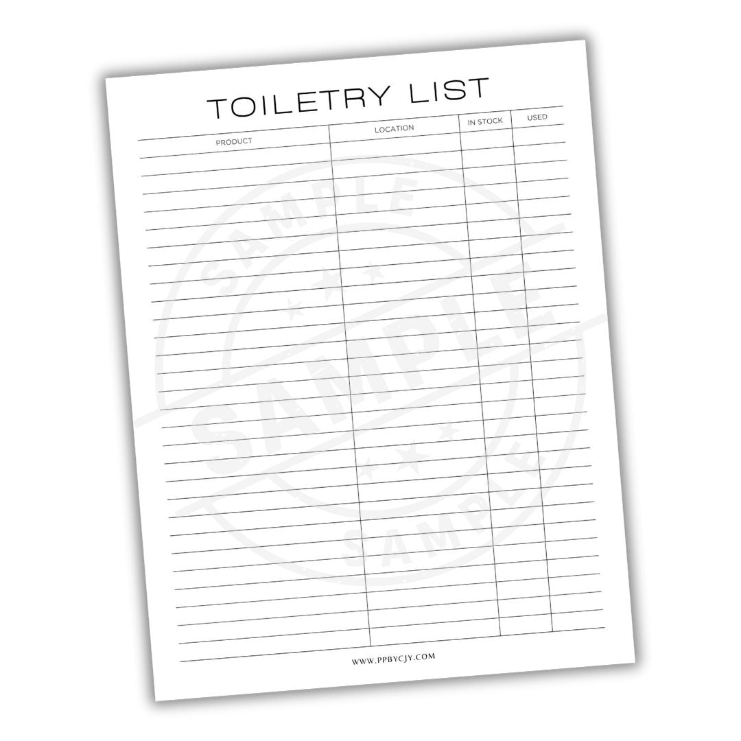 Toiletry list sheet with columns for product, location, in stock, and used on a white background.
