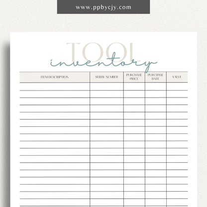 printable template page with columns and rows related to tool inventory