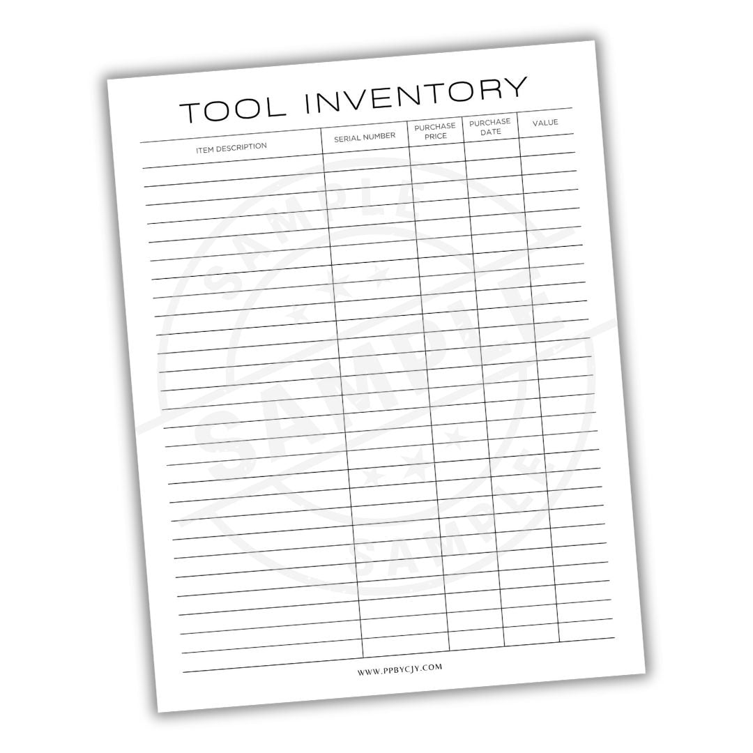 Tool inventory sheet with columns for item description, serial number, purchase price, purchase date, and value.