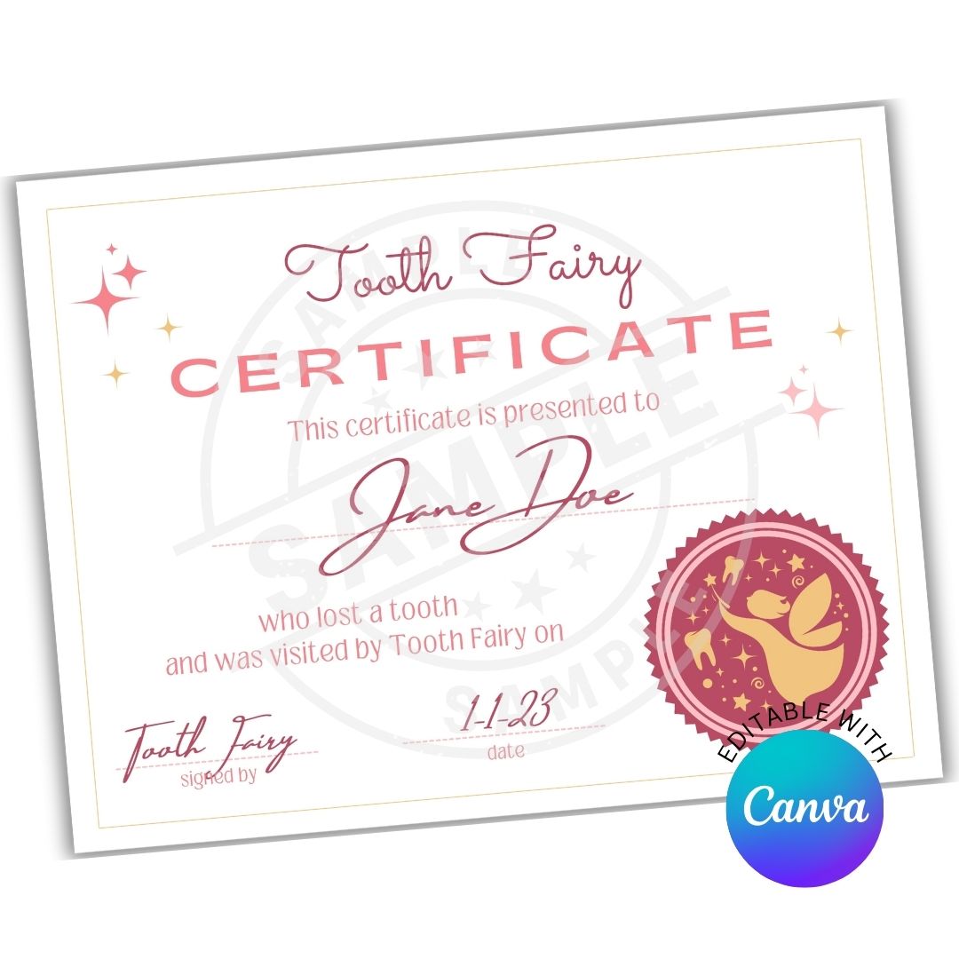 Tooth Fairy certificate with customizable text on a white background