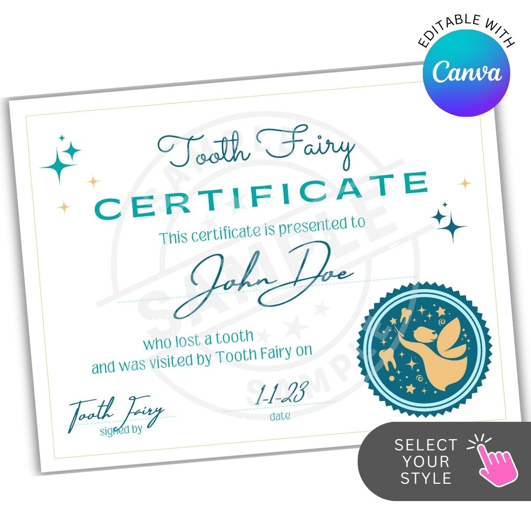 Tooth Fairy certificate template with customizable text on a white background