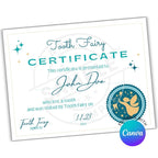 Tooth Fairy certificate with decorative elements and Canva logo.