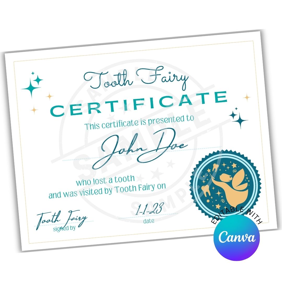 Tooth Fairy certificate with decorative elements and Canva logo.