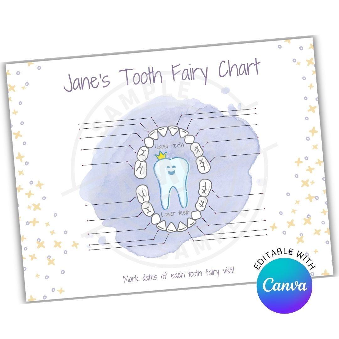 Tooth Fairy chart for children with a cartoon tooth and star designs, featuring Canva's editing tool.