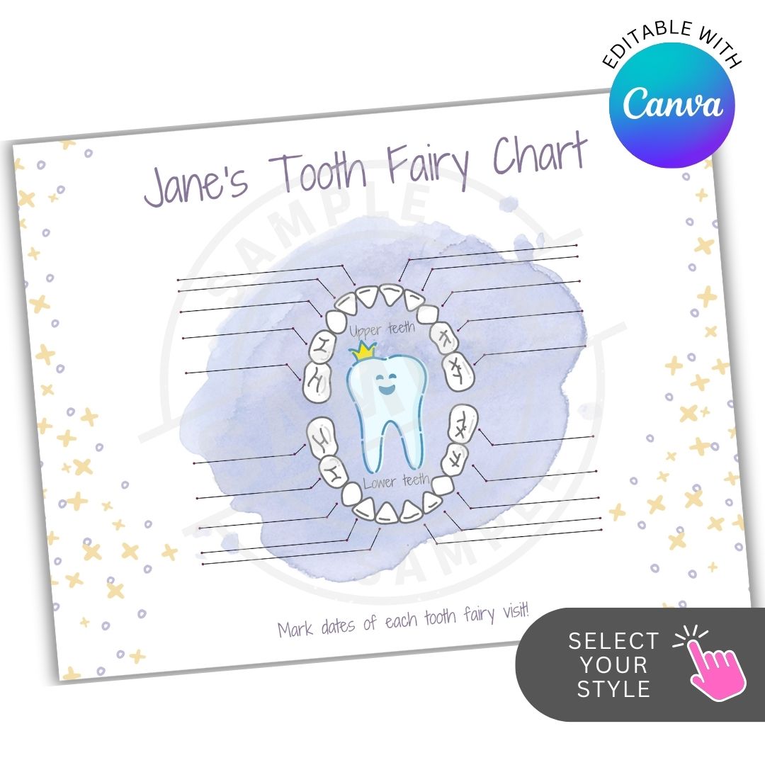 Tooth fairy chart for children with a cartoon tooth and star design, featuring Canva branding.