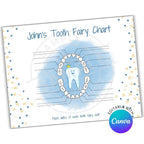 Tooth fairy chart for John with a cartoon tooth and star designs, featuring Canva editing logo.