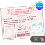 Tooth fairy report card template with a tooth graphic on a white background