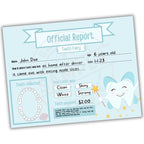 Tooth fairy report card for a child named John Doe with a smiling tooth graphic and Canva branding.