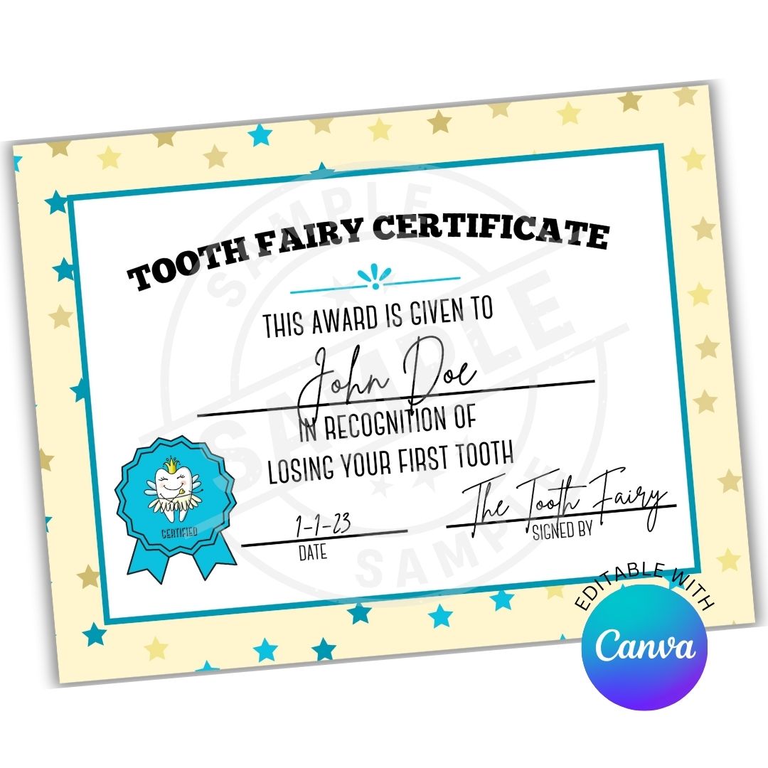 Tooth Fairy certificate with customizable text on a white background