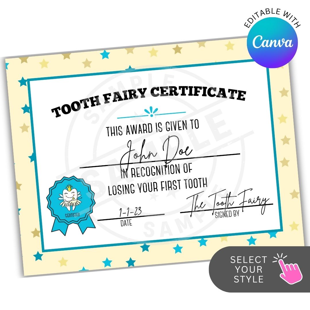 Tooth fairy certificate with customizable text on a white background