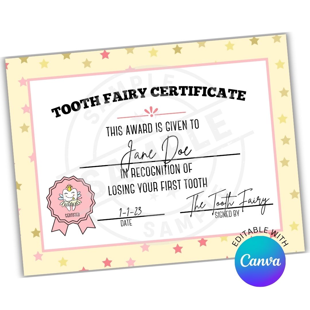Tooth fairy certificate with customizable text on a white background