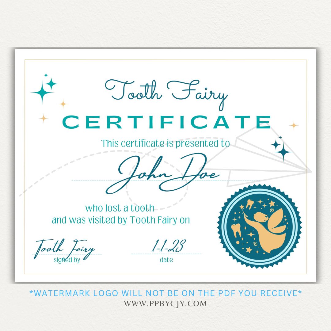 Personalized Tooth Fairy Certificate Printable PDF Template with customizable name, date, and message for a magical childhood keepsake.

