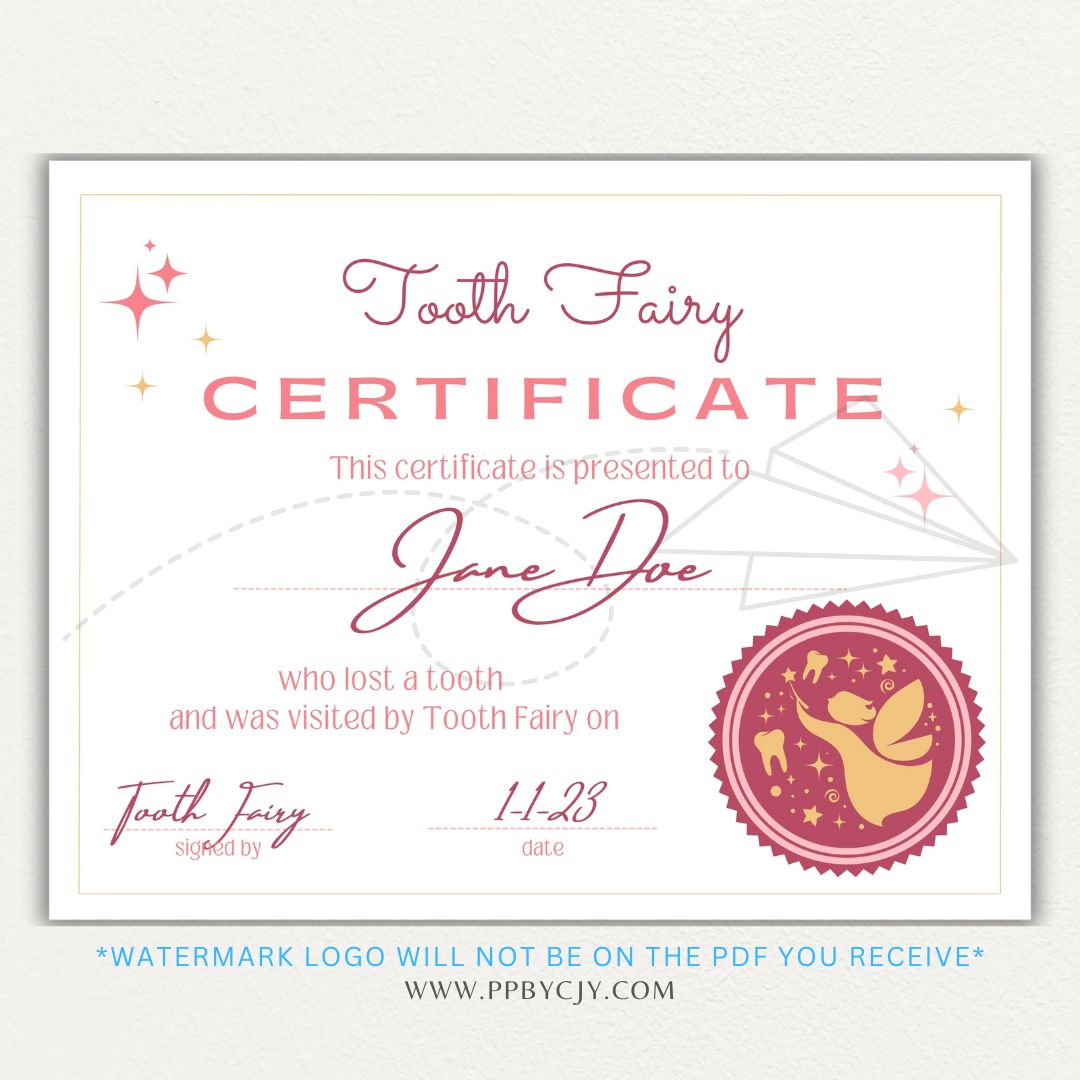 Personalized Tooth Fairy Certificate Printable PDF Template with customizable name, date, and message for a magical childhood keepsake.

