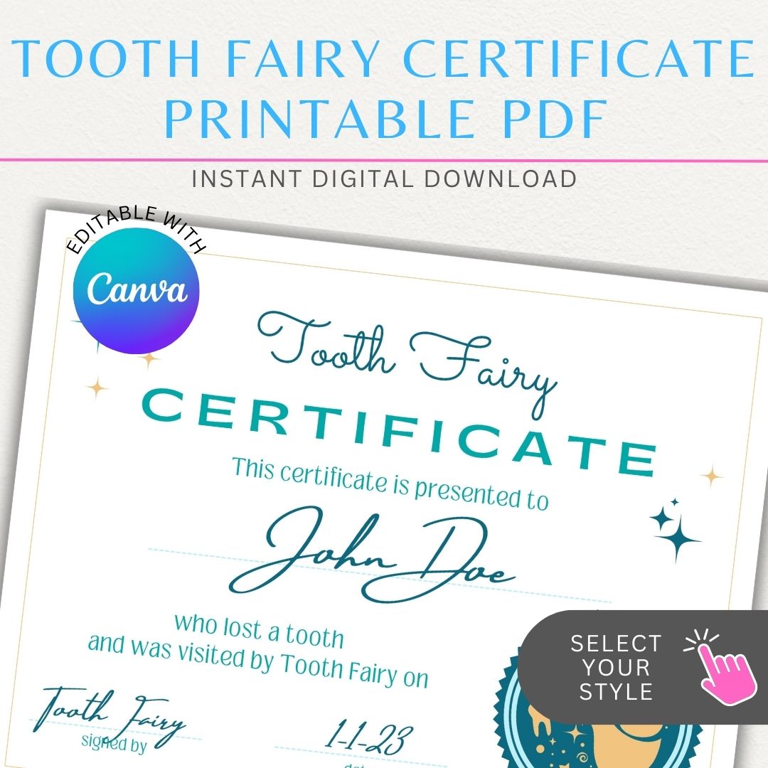 Personalized Tooth Fairy Certificate Printable PDF Template with customizable name, date, and message for a magical childhood keepsake.

