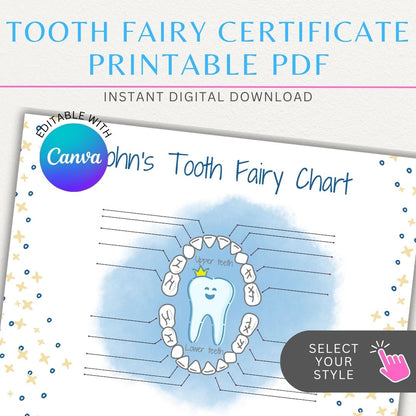 Personalized Tooth Fairy Certificate Printable PDF Template with customizable name, date, and message for a magical childhood keepsake.

