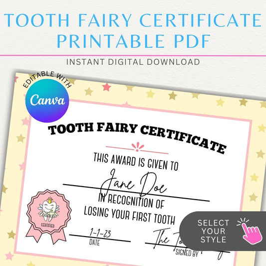 Personalized Tooth Fairy Certificate Printable PDF Template with customizable name, date, and message for a magical childhood keepsake.

