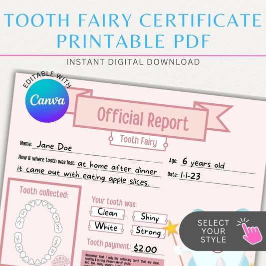 Personalized Tooth Fairy Certificate Printable PDF Template with customizable name, date, and message for a magical childhood keepsake.

