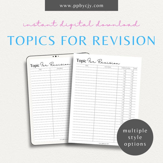 Student Topics for Revision Printable Template – Digital download for organizing and tracking subjects and topics to review for exams or assessments, including space for notes and deadlines