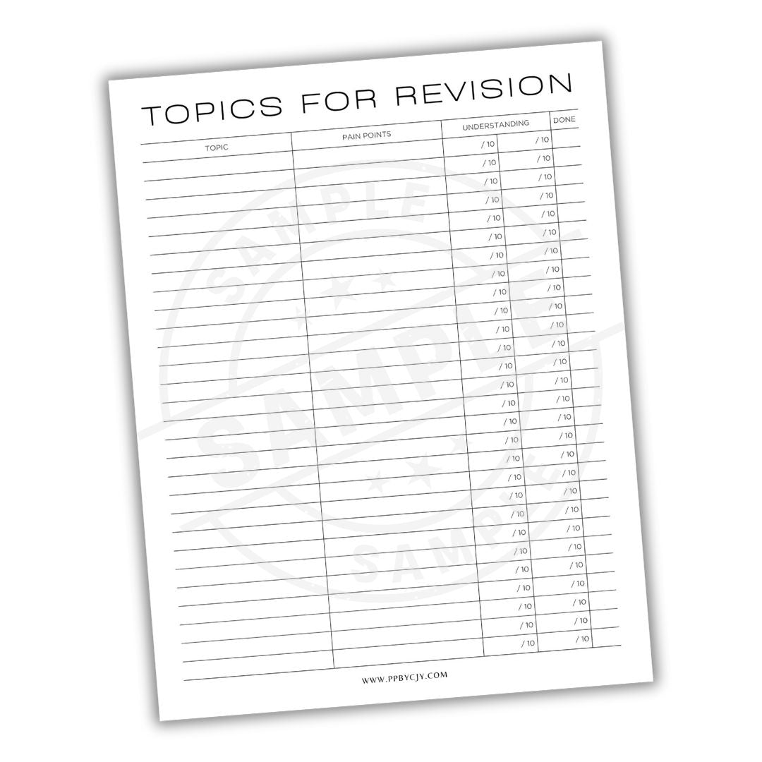 Sheet of paper titled 'Topics for Revision' with columns for topics, pain points, and ratings.