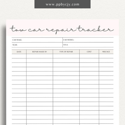 Visual representation of printable tow car repair tracker template with maintenance logs and service details.