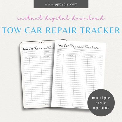 Visual representation of printable tow car repair tracker template with maintenance logs and service details.