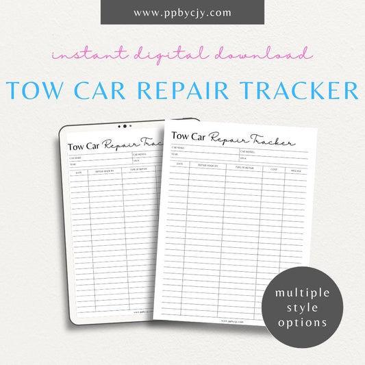 Tow Car Repair Tracker Printable Template – Digital download for recording and managing repairs and maintenance for tow cars, including service dates, costs, and details