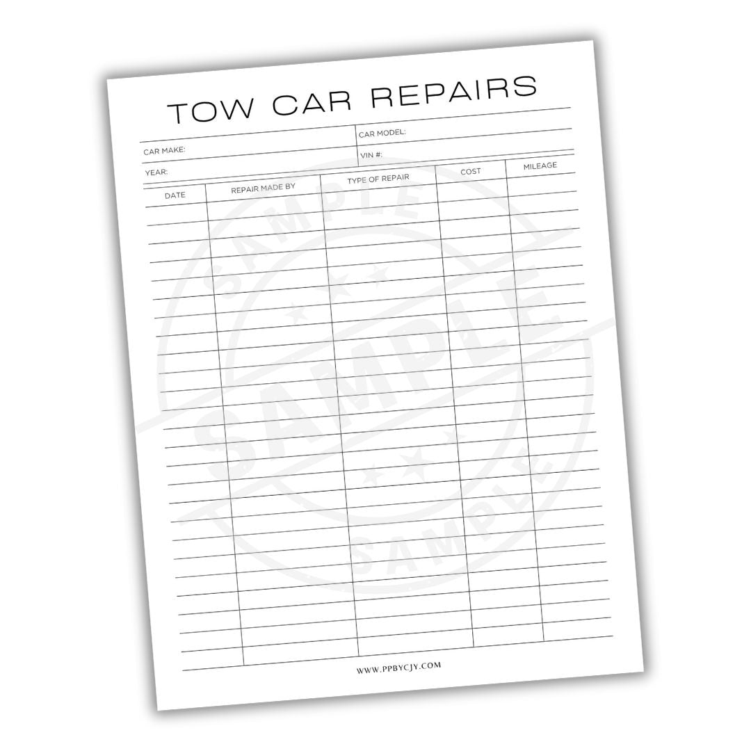 Sheet of paper with 'Tow Car Repairs' log on a white background