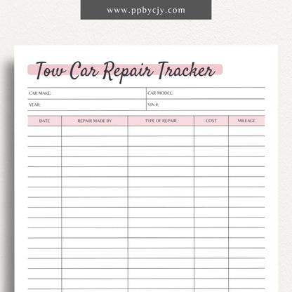 Tow Car Repair Log Printable PDF Template