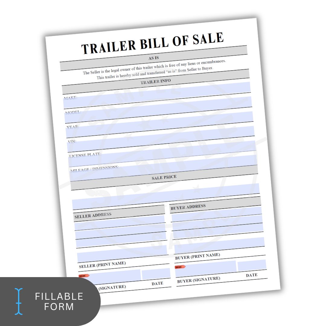 Trailer bill of sale form on a white background with 'Fillable Form' label.