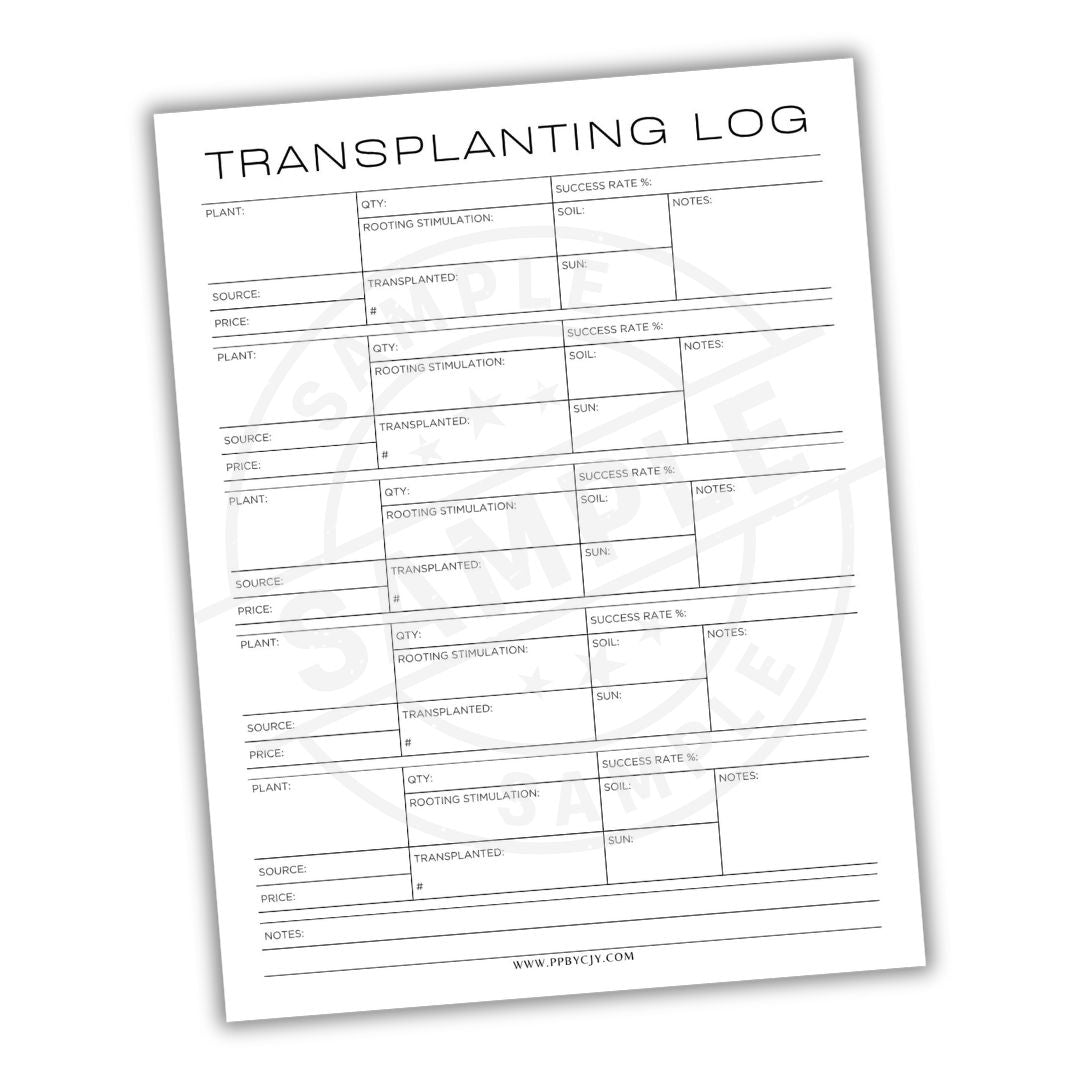 Transplanting log sheet with columns for plant information on a white background