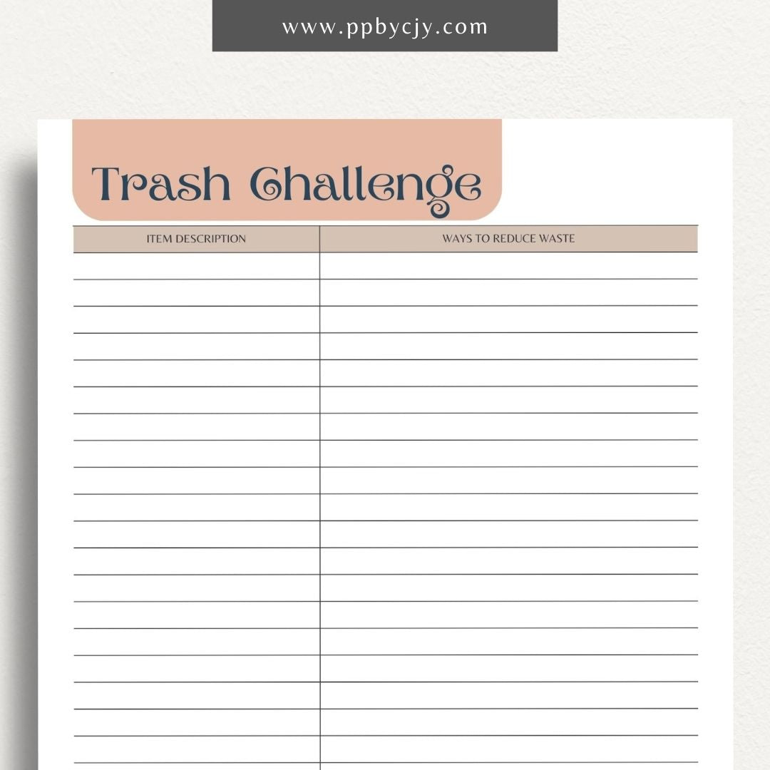 Eco-Friendly Trash Challenge Printable Template – Digital download for organizing and tracking efforts to reduce waste, including goals, activities, and progress in an eco-friendly trash challenge